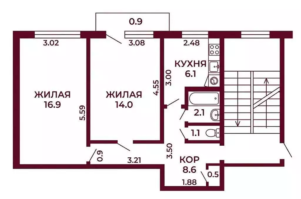  49.4м.кв., комнат 2, Гродно
