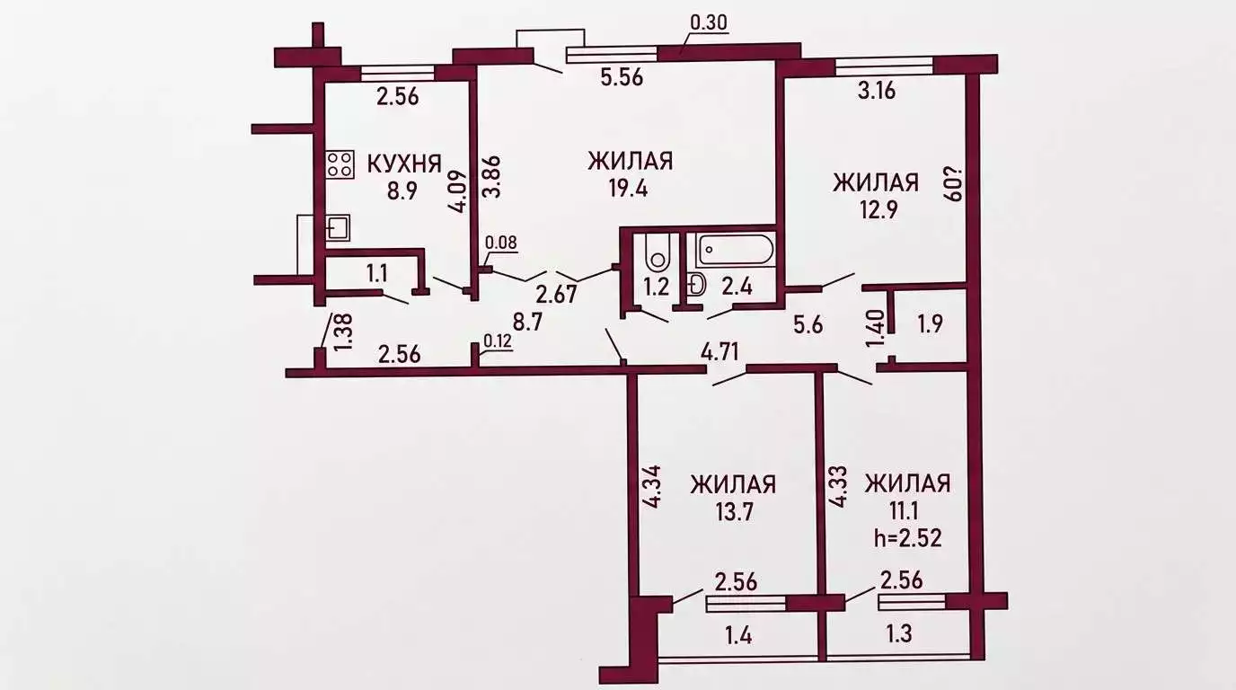 86,9м.кв., комнат 4, Отличная