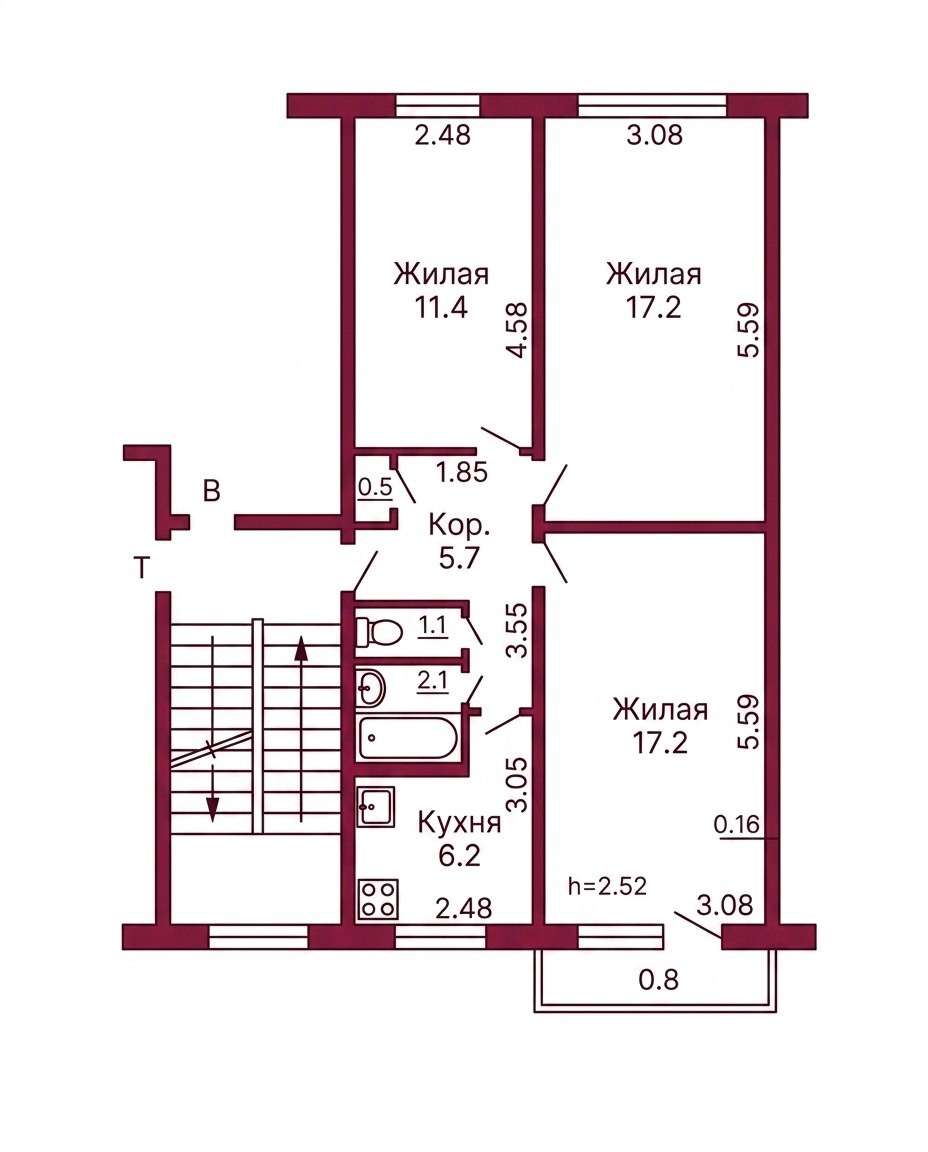  62,2м.кв., комнат 3, Гродно